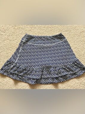 Gottex Navy and White Geometric Ruffle Skirt